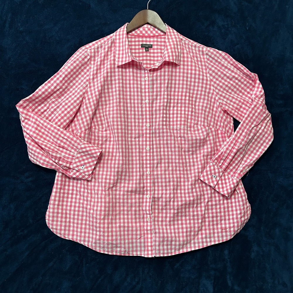 Talbots Woman Pink White Gingham Cotton Button Down Shirt Long Sleeve 16W